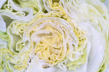 Green iceberg lettuce texture background. Half iceberg green salad pattern. Sliced