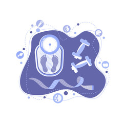Concept of a healthy lifestyle, body care, weight control. Vector flat illustration of fitness attributes, healthy food icons in very peri color.