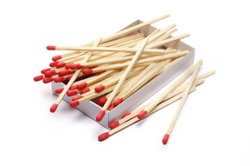 Fire matches pile with carton box isolated on white  