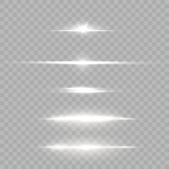 White horizontal highlights. Laser beams, horizontal beams of light. Beautiful light flashes. Glowing stripes on a transparent background.