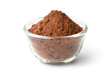 Cocoa powder in glass bowl isolated on white background. Clipping path