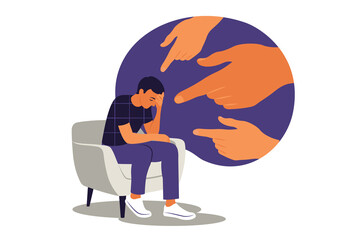 Cyber bullying concept. Opinion and the pressure of society. Shame. Hands of people point to the man. Non-confident woman. Vector. Flat