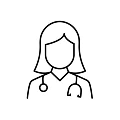 Professional Doctor with Stethoscope Line Icon. Female Physicians Specialist and Assistant Linear Pictogram. Editable Stroke. Isolated Vector Illustration