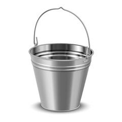 Realistic enameled bucket with handle vector illustration. Metal aluminum bucketful for water - obrazy, fototapety, plakaty