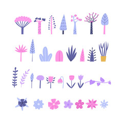 Set of trees, plants and flowers hand-drawn vector clipart