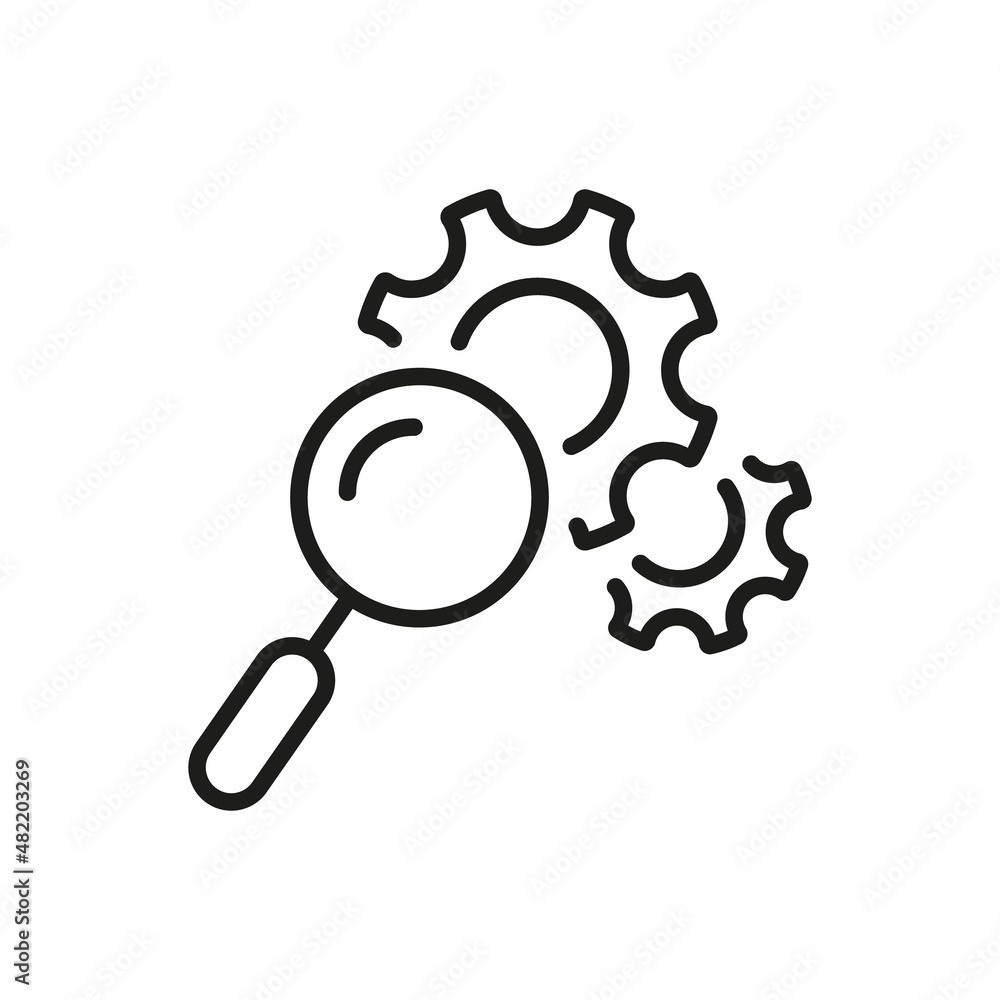 Poster loupe with cogwheel line icon. magnifying glass with gears. service of search and control. maintenan