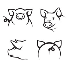 monochrome collection of pigs isolated on white background