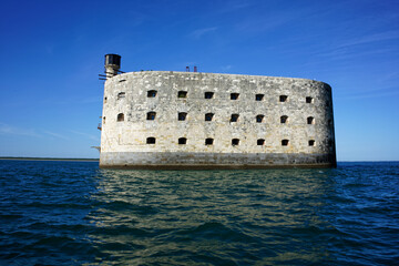 Fort boyard seen from the sea in front of a perfectly blue sky. Famous monument of Charente-Maritime in France.