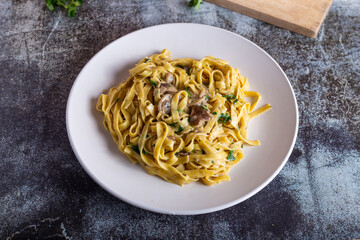 Italian fettuccine pasta with porcini mushrooms. Creamy Italian pasta, suitable for those who follow a vegetarian diet.