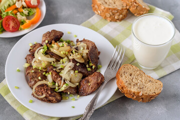 Fried chicken liver with onions on a plate