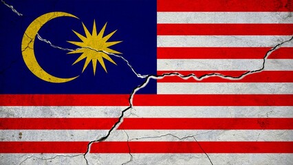An image of the Malaysia flag on a wall with a crack.