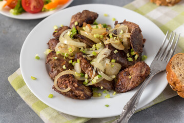 Fried chicken liver with onions on a plate