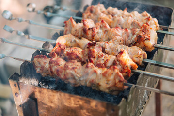 Meat skewers on the grill. Meat on the barbecue grill. Traditional barbecue picnic in the open air.
