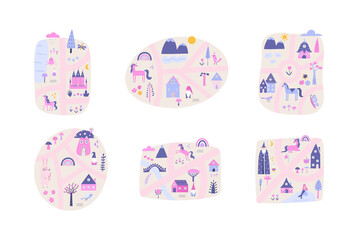 Set of magical kids maps vector illustrations