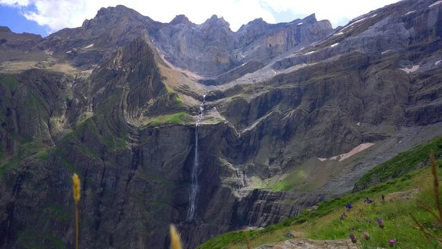 view of the cirque de gavarnie and its waterfall from the mountain. Located in the Pyr&eacute;n&eacute;es National Park.