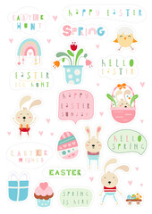 Easter Sticker set, hand cut lines. Easter Bunny clipart, egg, Easter phrases. Vector illustration. Isolated on white background.