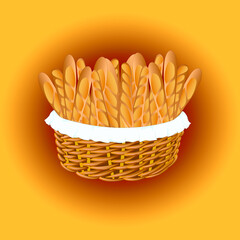 Baking basket. Fresh baguette, kitchen lunch products in a basket vector illustration