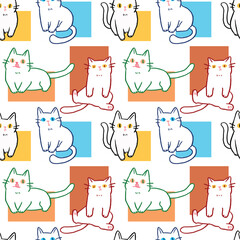 Seamless Pattern of Cartoon Cat and Square Design on White Background