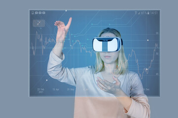 Investments. Young woman investor buys stocks on the stock exchange stock market from home. Generation z invests budget analyzes income of digital money. Cryptocurrency trading. Investor freelancing