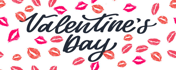 Happy Valentine's day text, hand lettering typography poster on red gradient background. Vector illustration. Romantic quote postcard, card, invitation, banner template.