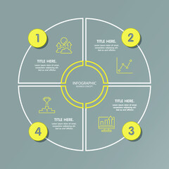Yellow and Gray colors for circle infographic with thin line icons. 4 options or steps for infographics, flow charts, presentations, web sites, printed materials. Infographics business concept.