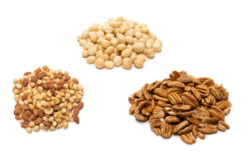 Mix of nuts isolated on white background. Top view.