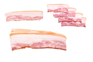 Raw bacon slices isolated on a white background.