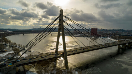 Aerial view of a transport bridge in winter