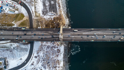 Aerial view of a transport bridge in winter