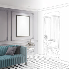 A sketch becomes a real hall with a vertical poster on a gray wall, a vase of flowers on a metal table next to a green sofa. A table with chairs near a window is visible through the doorway. 3d render