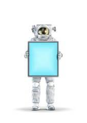 Astronaut digital display concept - 3D illustration of space suit wearing male figure holding up blank flat screen isolated on white studio background