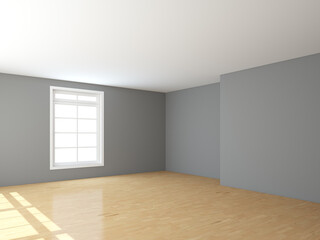 Empty Interior Corner with White Window, Light Glossy Parquet Floor, Gray Walls, Sunbeams of Light on the Floor. Perspective View. 3D Illustration with a Work Path on Window, 7680x5760, 300 dpi.