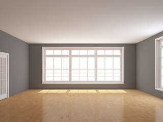 Obraz premium Empty Room with Glossy Parquet Floor, Gray Walls, with a Large Full Wall Window with the Rays of the Sun Falling from It, a White Door and a Window Opposite. 3D Illustration with Work Path on Windows
