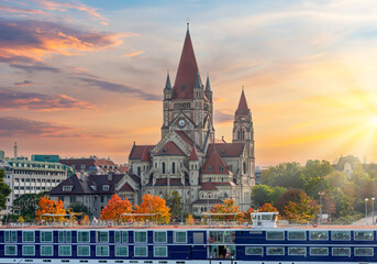 St. Francis of Assisi church on Danube river in autumn, Vienna, Austria