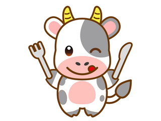 ナイフとフォークを持った牛のイラスト素材