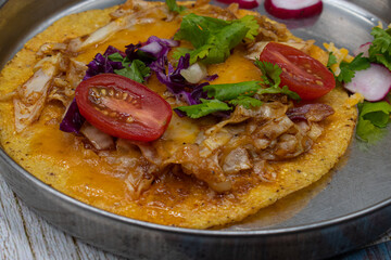 Corn quesadilla with roasted vegetables, tomato