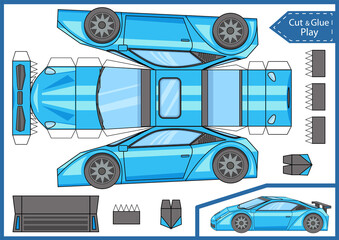 Craft cut and glue paper car. Create papercraft 3d toy. Birthday template worksheet activity gaming page. Vector art puzzle game.