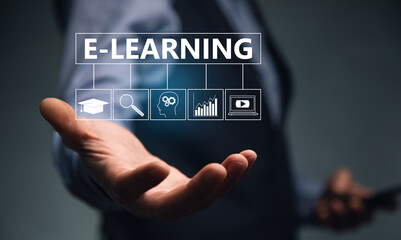 businessman holding mobile phone with text learning