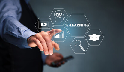businessman holding mobile phone with text learning