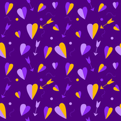 Vector purple and yellow hearts on purple background seamless pattern