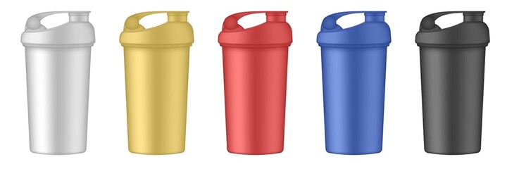 Set of multicolored sport cups or bottles for water. Protein shake drink. White, gold, red, blue and black travel cups. Thermo mug. Plastic shaker. Bicycle bottle