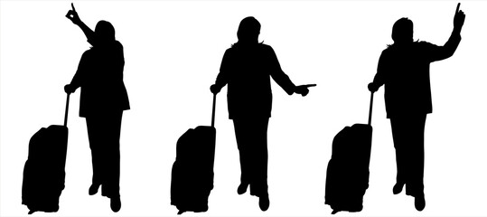 A businesswoman in a pantsuit points with his hand to an object above, below, in front of him. The passenger holding the handle of luggage on wheels. Front view. Black silhouettes isolated on white.