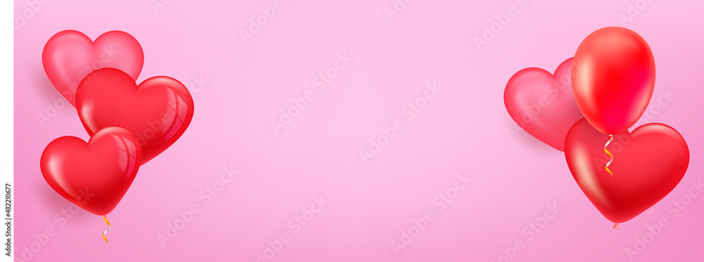Poster wide header with red air balloons. 3d vector landscape orientation banner with copy space