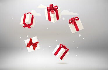 Frame of gift boxes on white background. 3d vector objects with levitation effect