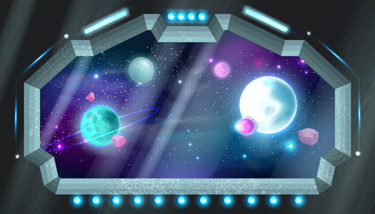Space ship window inside view, vector spaceship future station background, alien planets, shiny stars. Futuristic universe galaxy neon wallpaper, game sci-fi illustration. Rocket porthole, space ship © Oleksandra