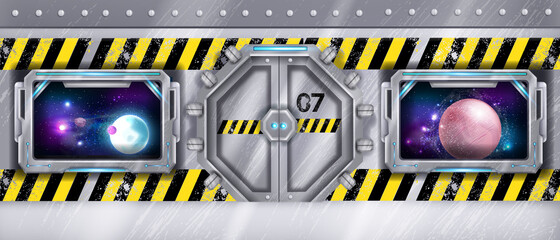 Metal spaceship door, vector futuristic laboratory gate, rocket window view, alien planet, stars, galaxy. Danger zone spacecraft background, chrome shuttle entrance, hallway scene. Metal lab door © Oleksandra