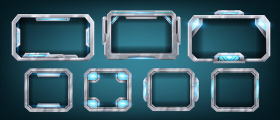 Futuristic technology game frame, vector metal HUD menu panel set, abstract spaceship steel screen kit. UI cyberpunk monitor display, neon lights, electronic interface element. Futuristic glow frames © Oleksandra