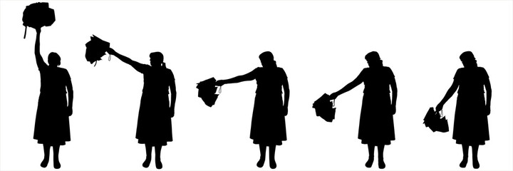 Woman with a closed umbrella in her hands. A woman stands and looks at her hand, raises her hand with an umbrella above her. Front view. Five black female silhouettes isolated on white background.