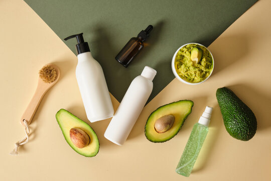 natural cosmetic with avicado oil concept top view
