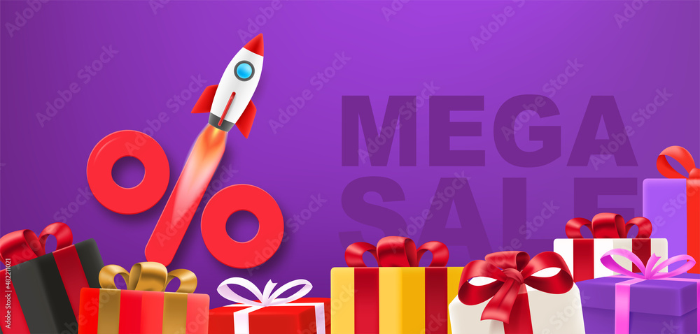 Poster shopping special offer label with percentage sign and gift boxes. 3d vector banner with copy space f